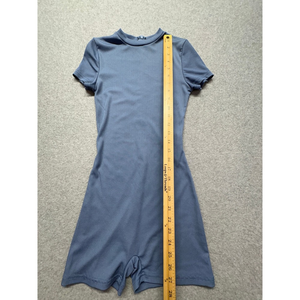 Ribbed Mock Neck Short Sleeve Romper Dusty Blue XS Athleisure Bodycon Jumpsuit - Picture 5 of 14